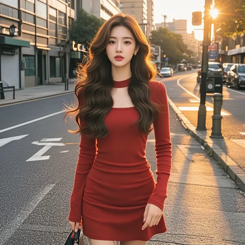 法式气质名媛风一字领长袖连衣裙女秋冬高级感修身显瘦内搭短裙