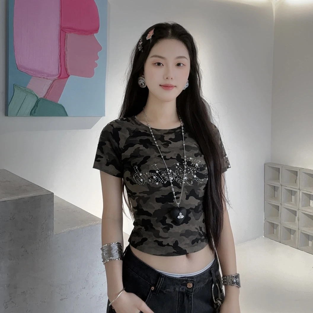 CBXLAB街舞亮绿野迷彩闪钻上衣爵士显瘦夏季设计感夏季修身辣妹