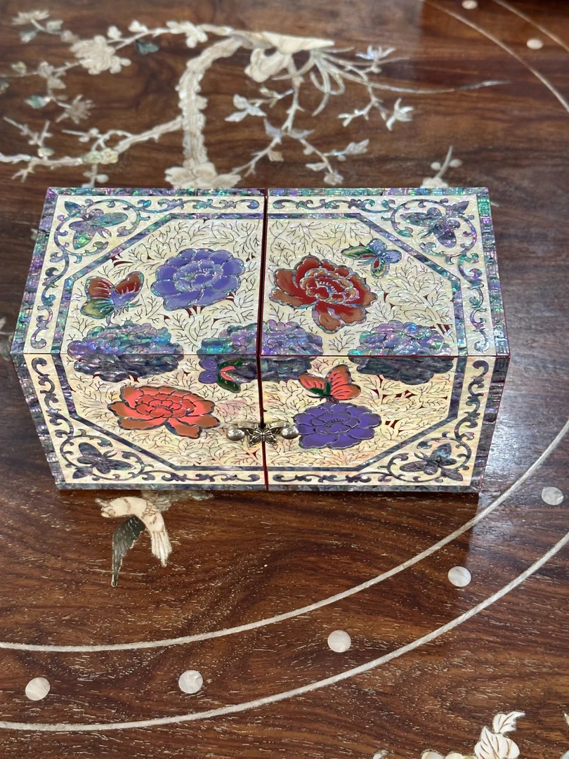 国色天香21cm大尺寸对开螺钿漆器首饰盒高档结婚礼物新婚陪嫁礼品