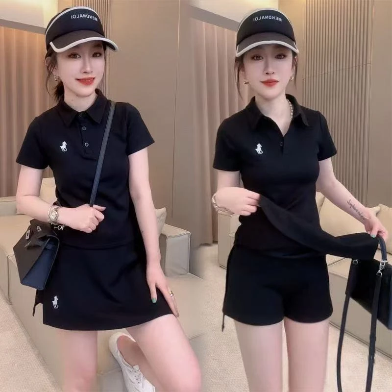 夏季新款刺绣polo领短袖T恤搭配高腰短裤裙套装