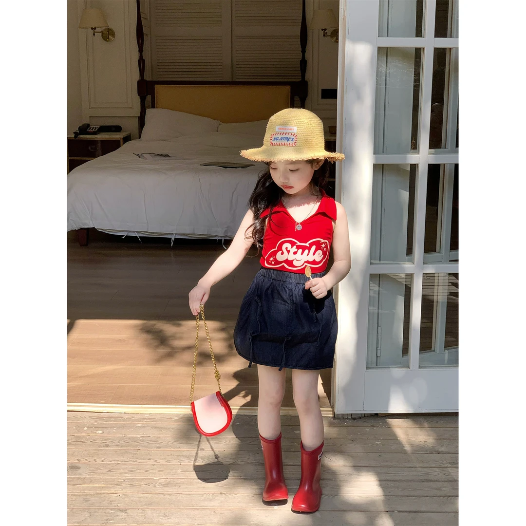 【现货】2025夏女童字母翻领背心+牛仔半身裙两件套女宝宝时髦套装