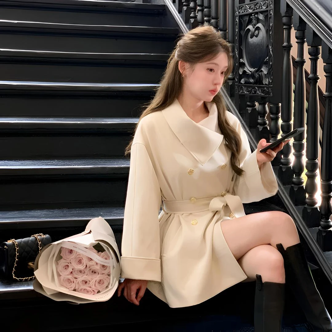 杨小卷 高智千金感系带收腰短款风衣白色外套女高级感长款大衣秋