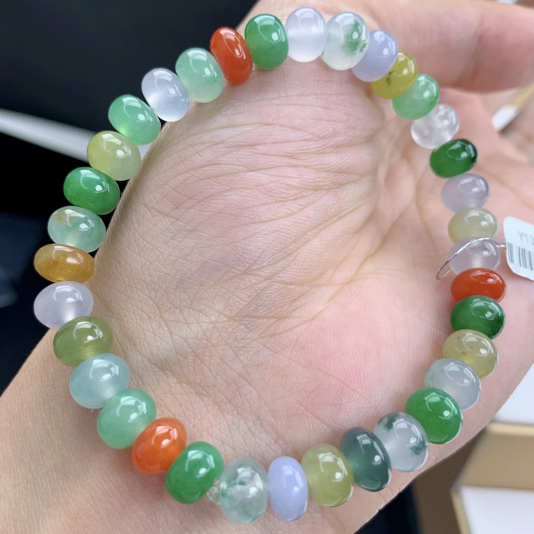 缅甸A货翡翠冰种起胶多宝多彩浓色鼓珠手链手串T/7.2-8mm