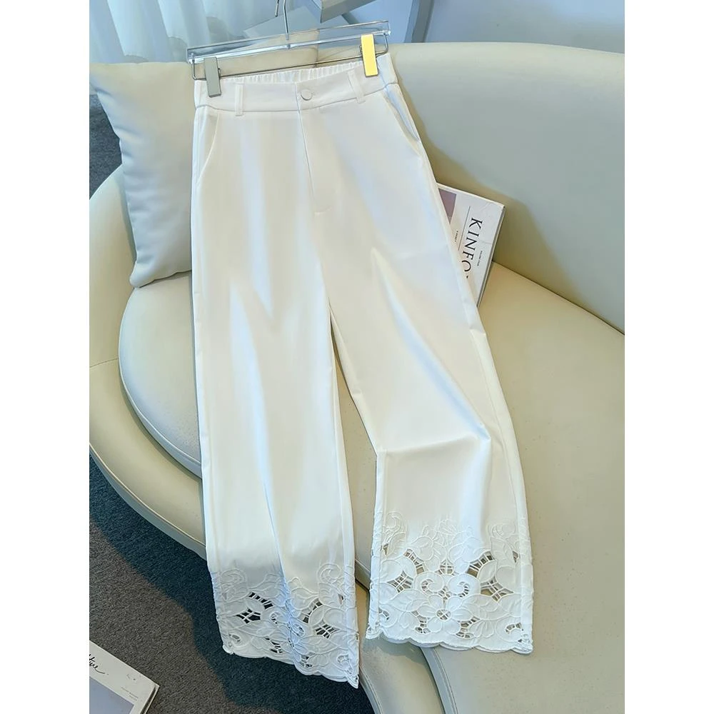白色冰丝蕾丝直筒裤女夏季薄款2025新款凉凉小个子镂空九分裤