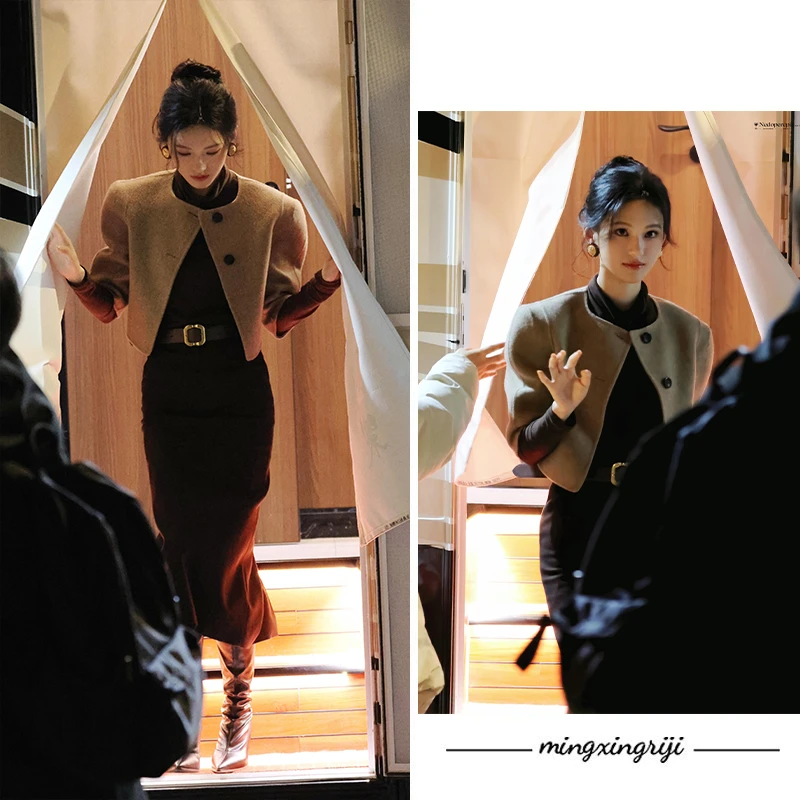 明星日记不二之臣沈羽洁同款卡其色短外套棕色修身显瘦包臀裙套装