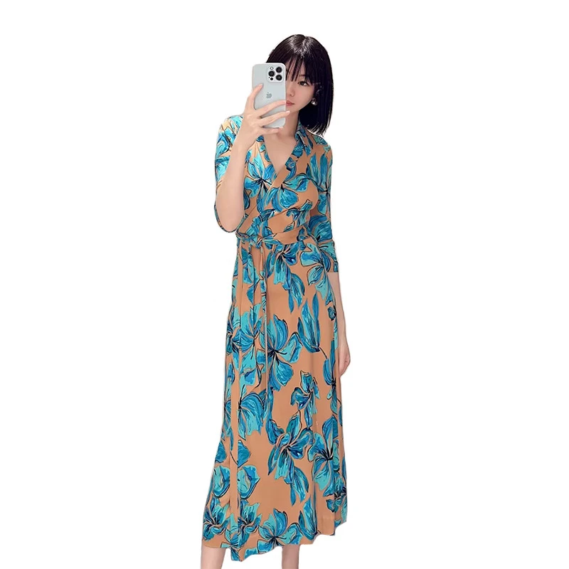 PG DVF春季新款女装裹身裙翻领橘色梦舞花系带开叉裙优雅长款连衣