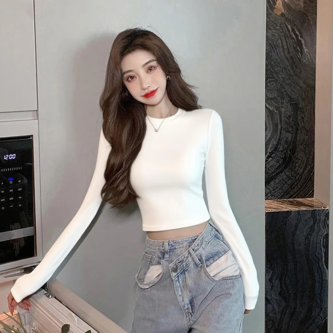 白色辣妹长袖打底衫女短款内搭修身显瘦春秋冬百搭爵士舞洋气上衣