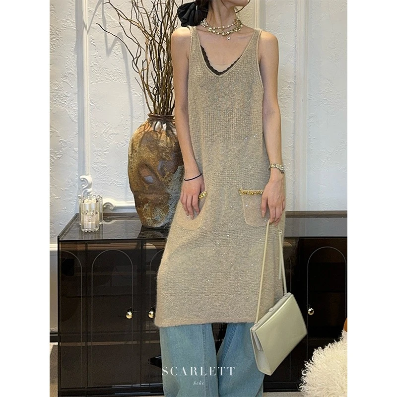 你的呵呵 法式手工珠花绣绵羊毛马海毛针织毛衣无袖连衣裙