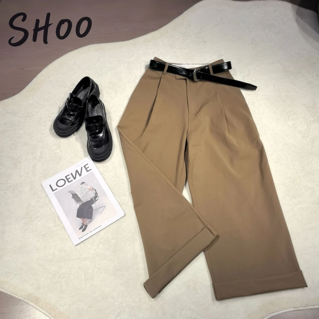 SHOO叁禾 波斯顿质感 极简复古卡其色休闲裤皮带宽松直筒西裤
