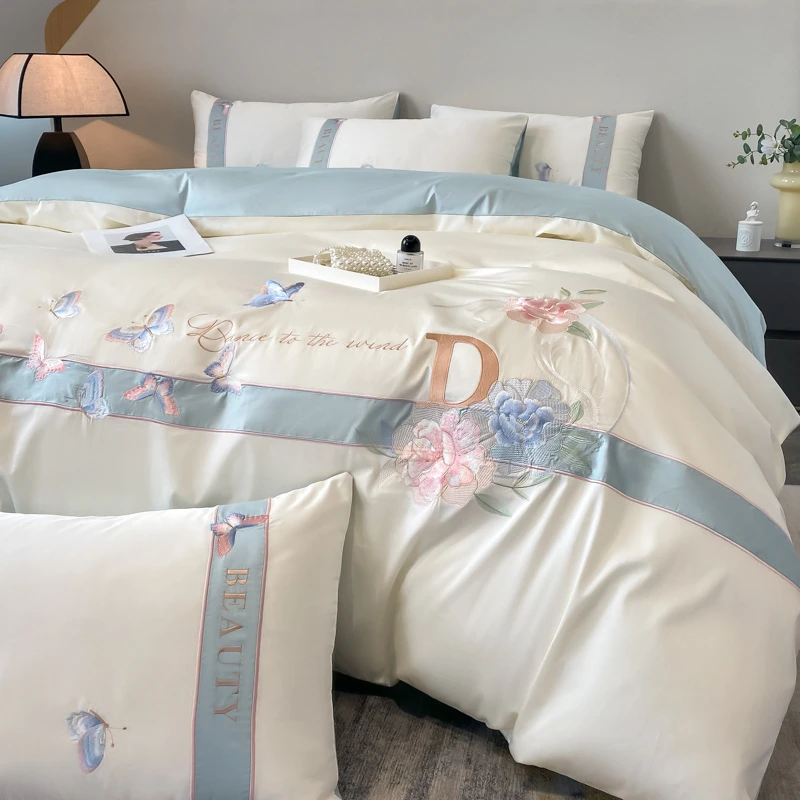 小清新全棉四件套高级感100长绒棉刺绣被套纯棉裸睡床单床上用品4