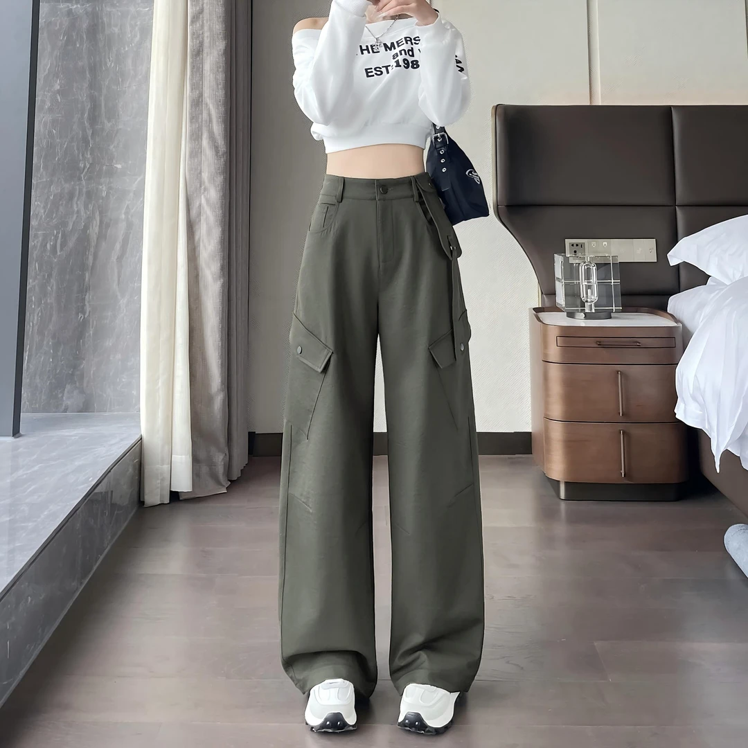 军绿色飘带工装裤女款2025新款秋季新款垂感酷飒风休闲阔腿直筒裤