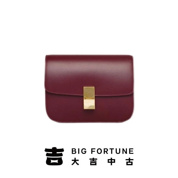 95新 Celine/思琳 大吉中古sz/Celine瑟琳酒红金扣box豆腐斜挎包