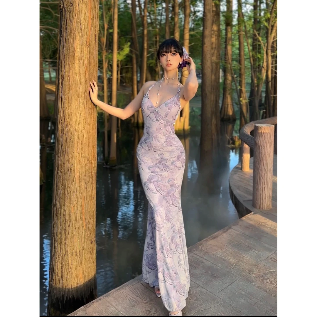性感纯欲氛围感露背紫色连衣裙修身显瘦包臀鱼尾裙度假风长裙