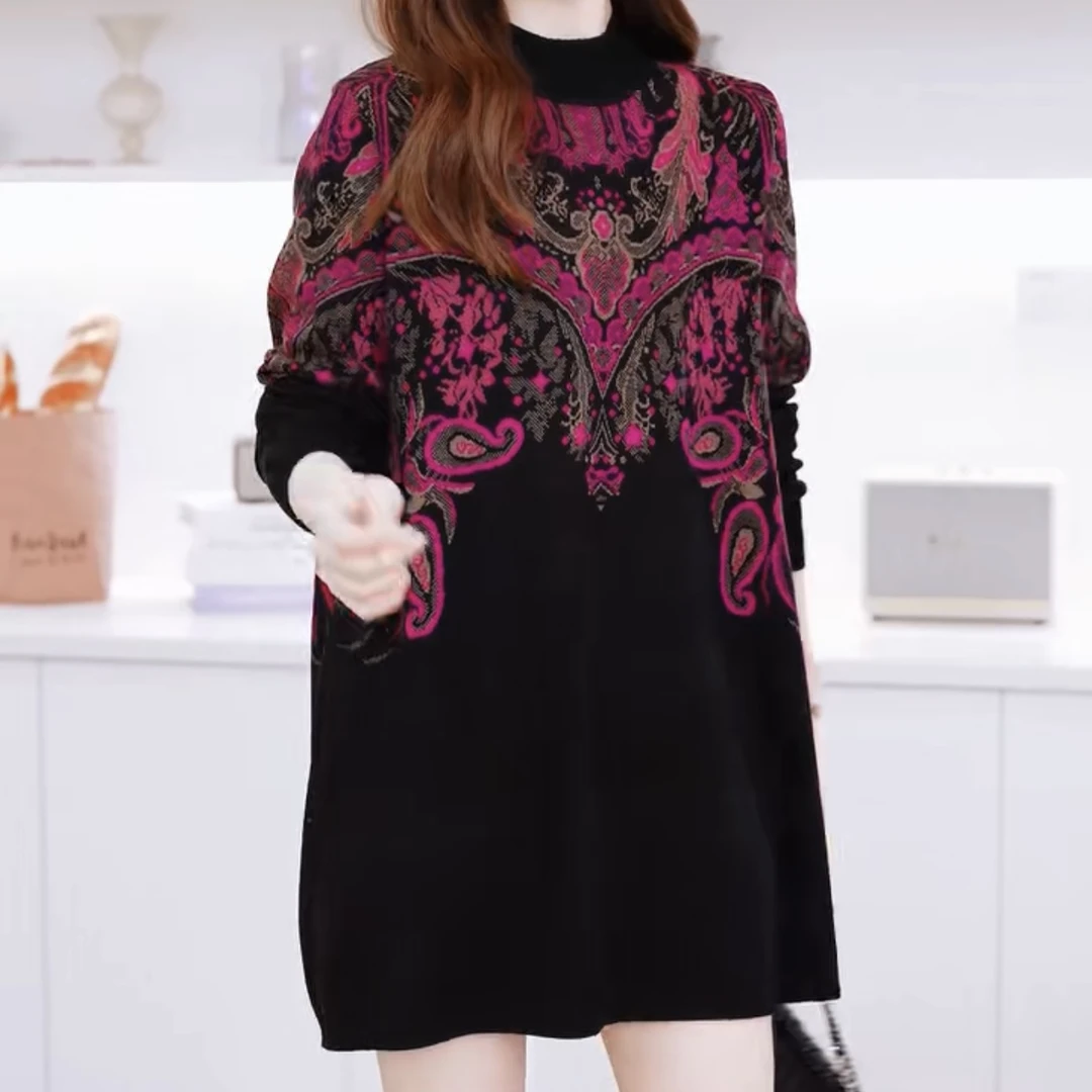 【 130】秋冬女针织衫中长款毛衣裙宽松大码显瘦圆领针织衫