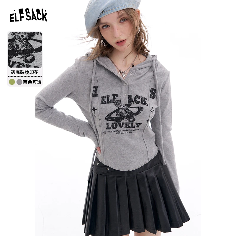 妖精的口袋潇洒小姐修身连帽T恤小熊印花收腰显瘦2025春25405001