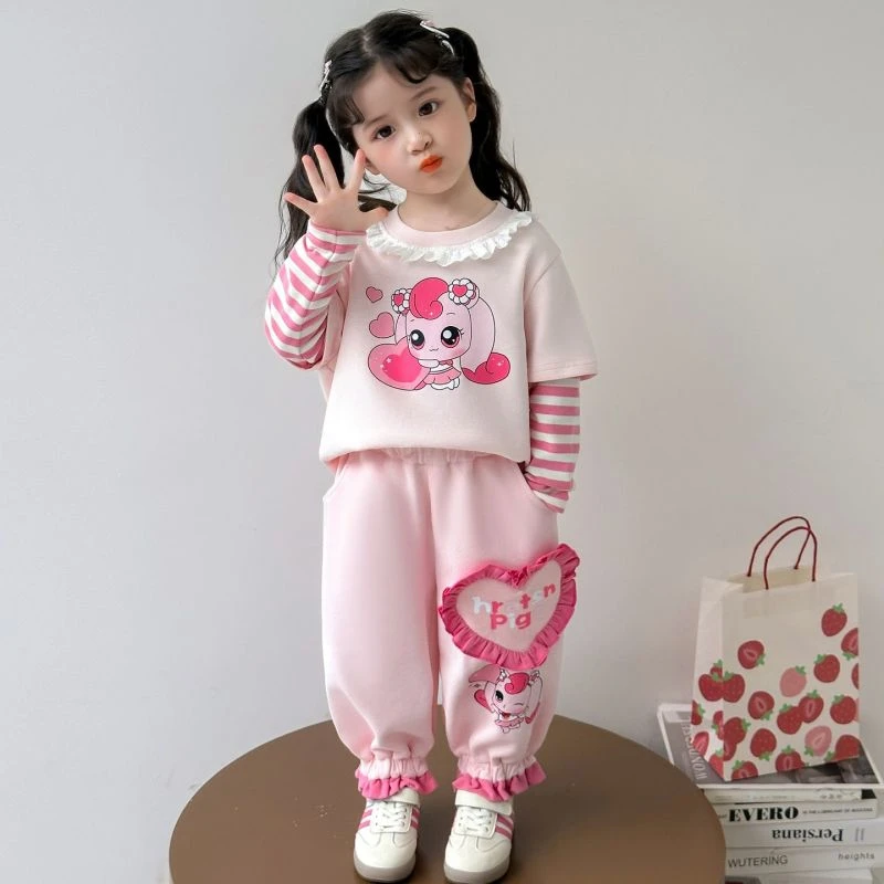 女童套装秋季2025新款洋气儿童卡通卫衣秋装时尚女宝宝两件套甜美