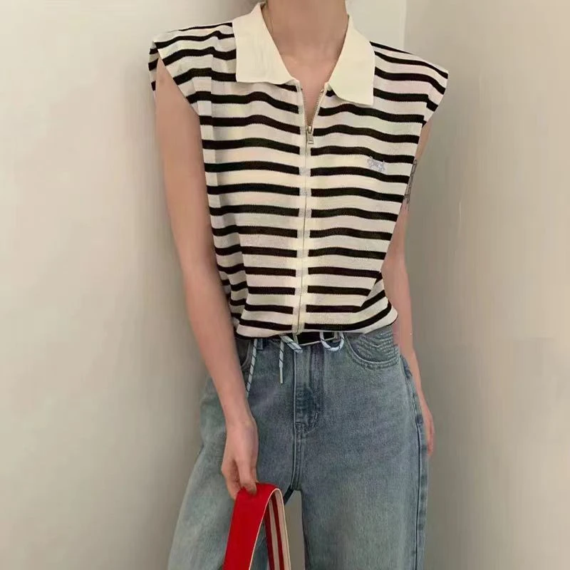 801-1000刺绣夏季宽松型无袖毛针织衫女装上衣百搭条纹polo设计感