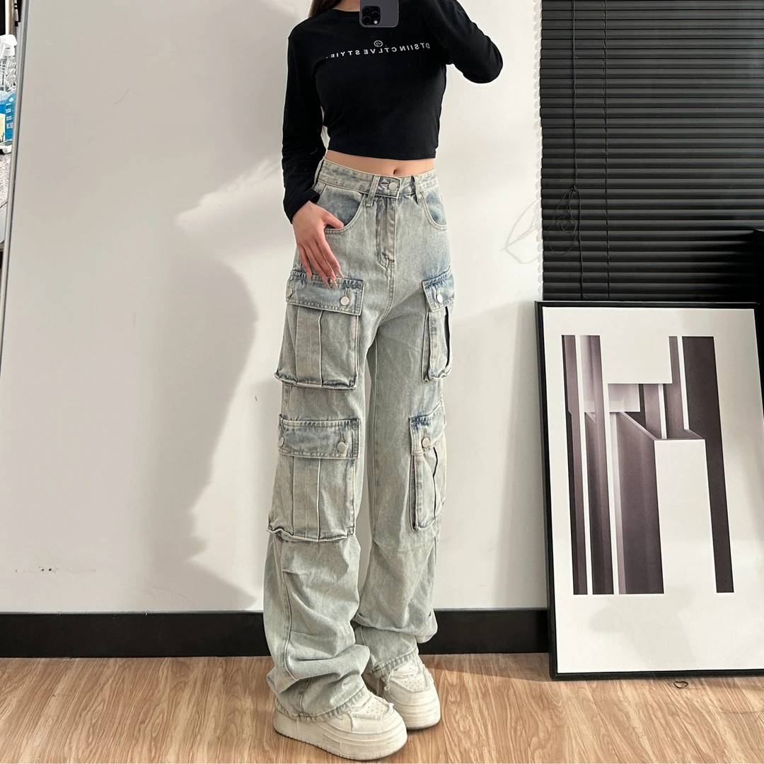 2025新款小个子直筒牛仔工装裤女多口袋显瘦休闲宽松拖地裤1001