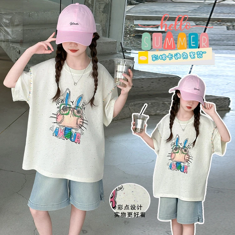 女童夏装套装2025新款儿童宽松短袖T恤中大童牛仔五分裤夏季两件