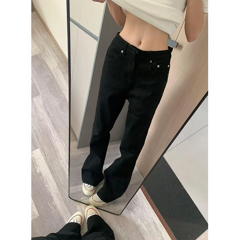 黑色微喇牛仔裤男款美式高街vibe裤子cleanfit修身显瘦直筒弯刀裤