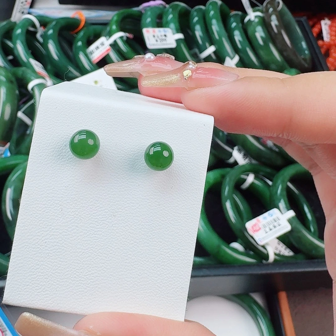 和田玉（碧玉）单珠卡6耳钉银S925镶嵌