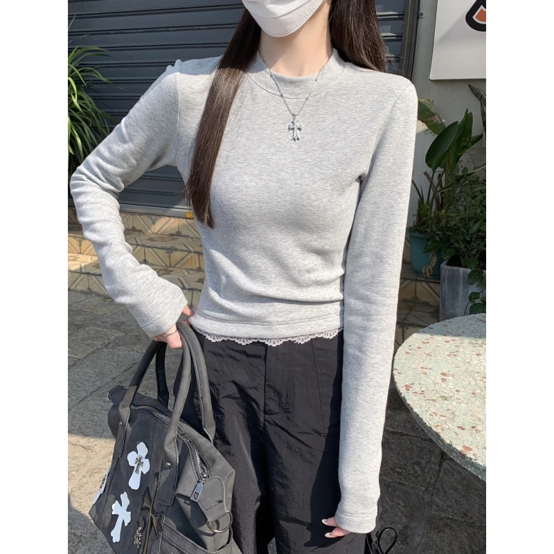 美式辣妹小个子短上衣女2025春季蕾丝下摆长袖T恤圆领正肩打底衫