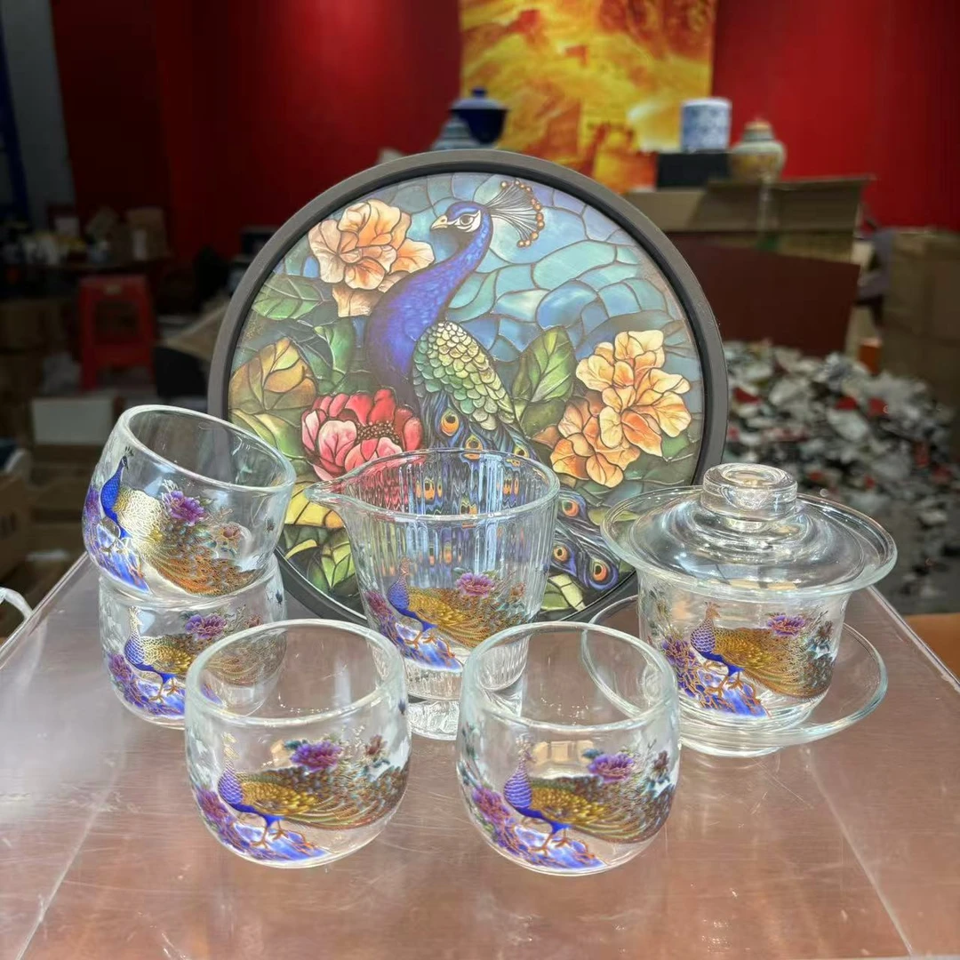 秋香茶具 变色孔雀盖碗+公道杯+四杯+盘家用泡茶小套装-3229