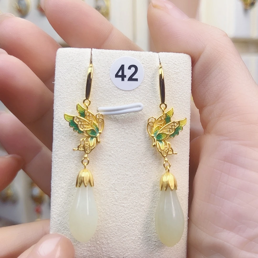 和田玉银S925镀金镶嵌耳饰