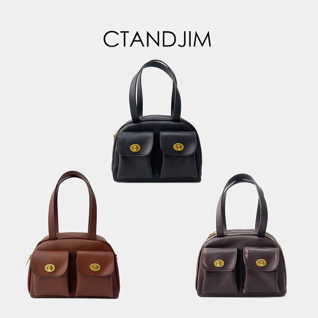 CTANDJIM羊皮做旧双口袋 学院包 波士顿包 小馒头托特包