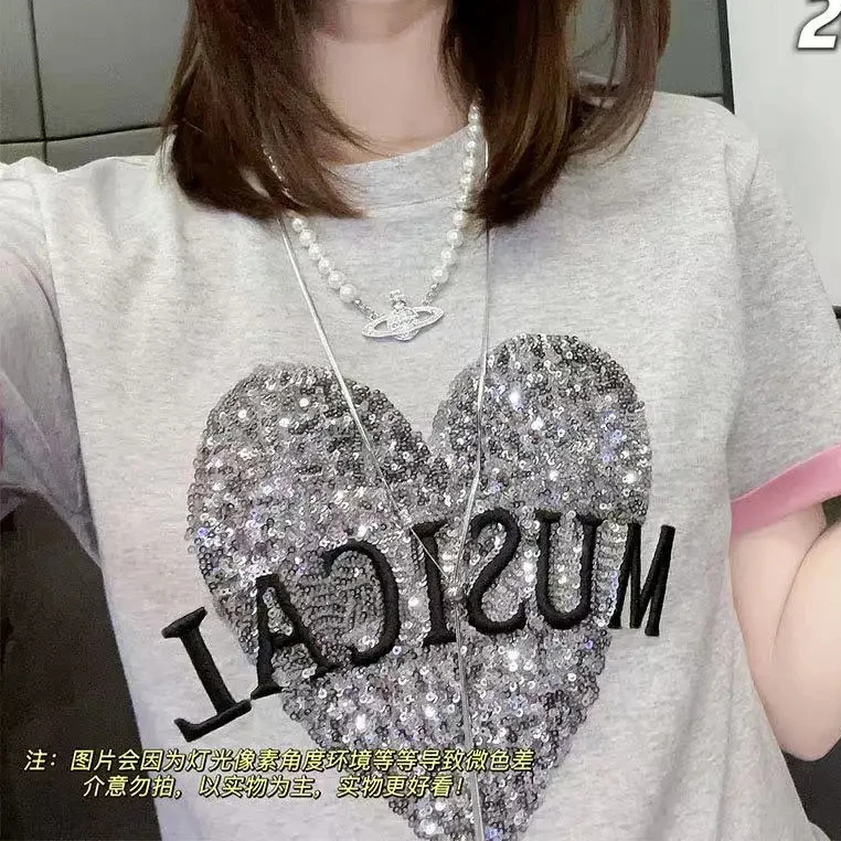 亮闪闪炸街亮片短袖T恤女2025新款夏季宽松刺绣字母显瘦百搭上衣