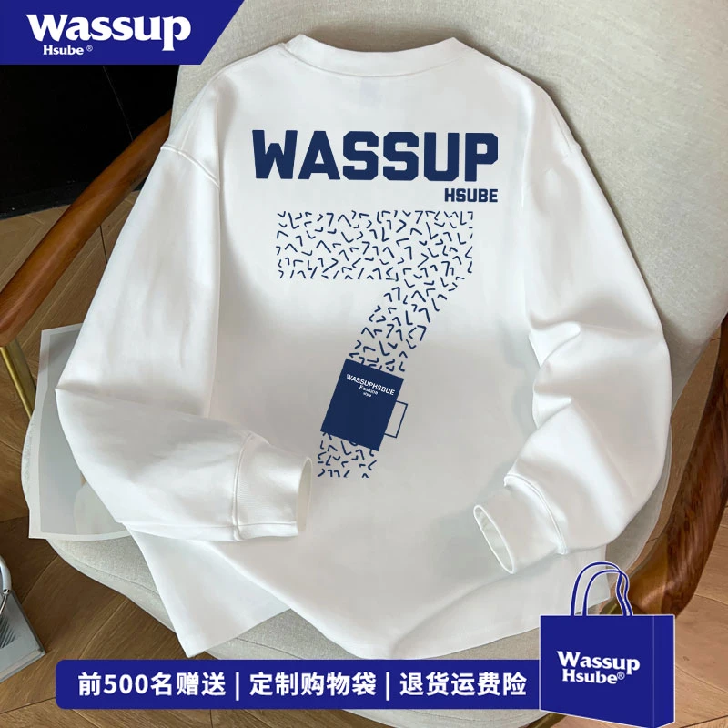 WASSUP HSUBE 国潮牌数字印花长袖男秋季hiphop百搭圆领打底上衣