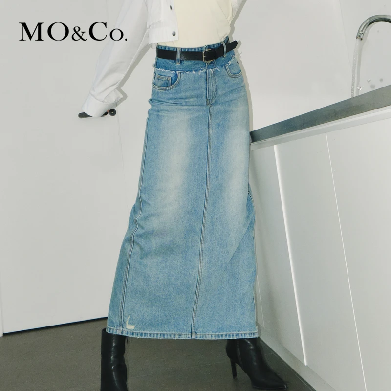 【赵老板专属】MOCO春双腰头长款开叉破洞牛仔半身裙MBD1SKTT19