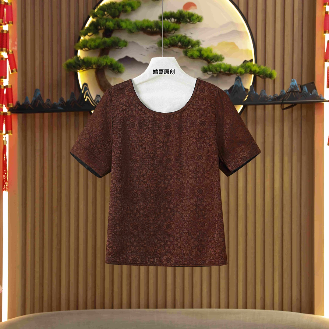 6494直筒型女士耐磨宽松型纯色褶皱半袖百搭T恤咖色套装短袖