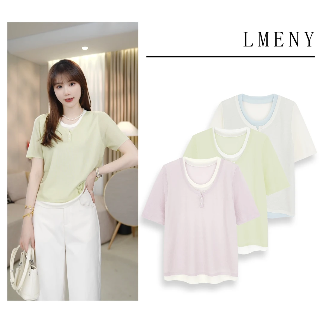 LMENY月牙针织衫~撞色天丝 亚麻拼接显瘦假两件上衣25AM020