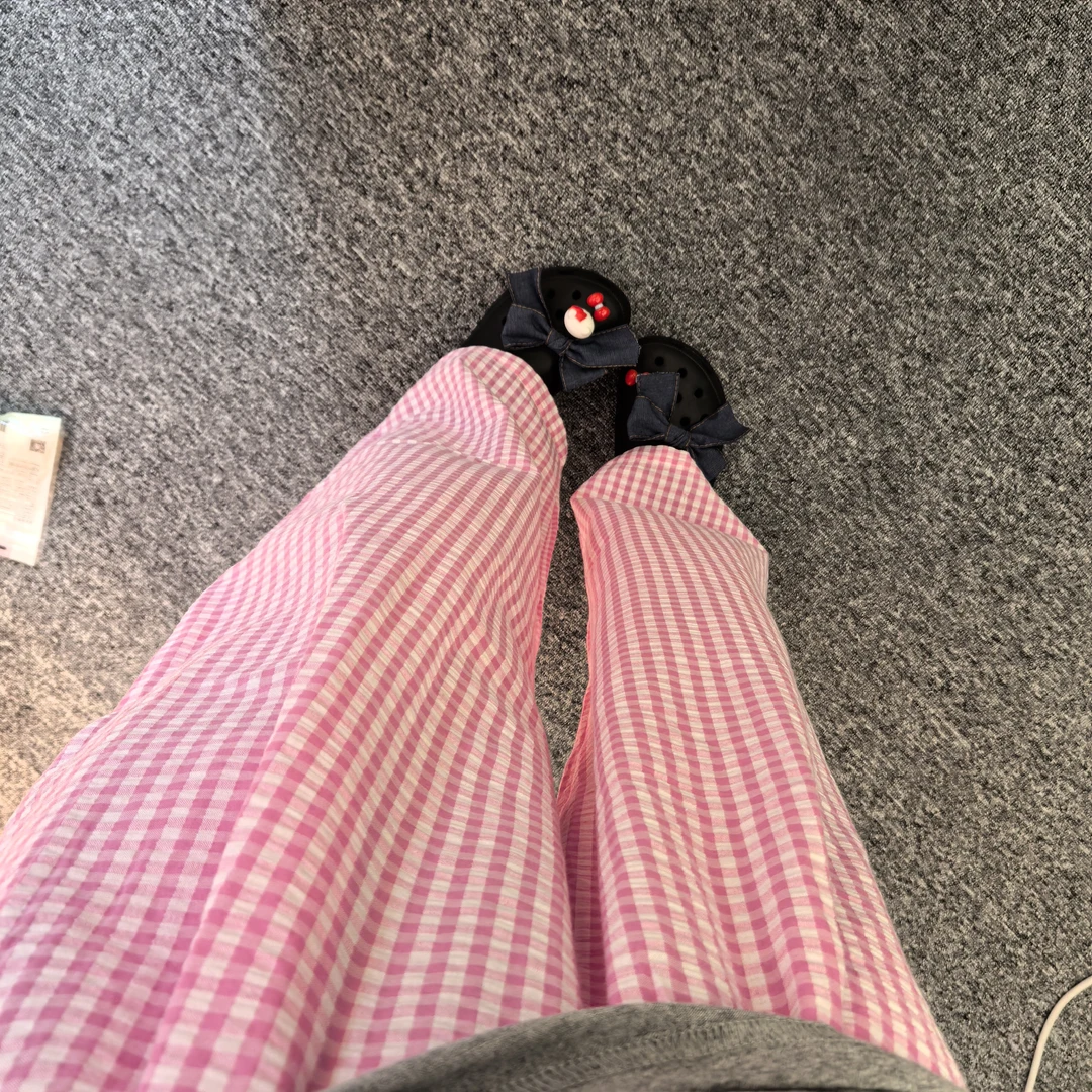 韩代 25夏新款 慵懒风粉色格子棉麻百搭宽松休闲直筒长裤