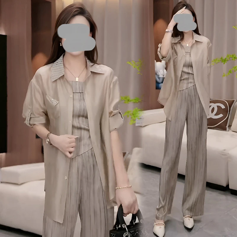 夏季搭配一整套装女时尚开叉防晒衬衫吊带初秋穿搭吊带阔腿裤套装
