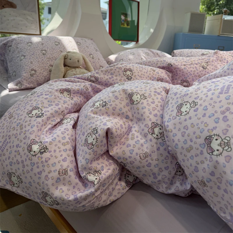 易安阁ins双层纱卡通kt猫豹纹紫色四件套1.5m1.8米学生宿舍三件套