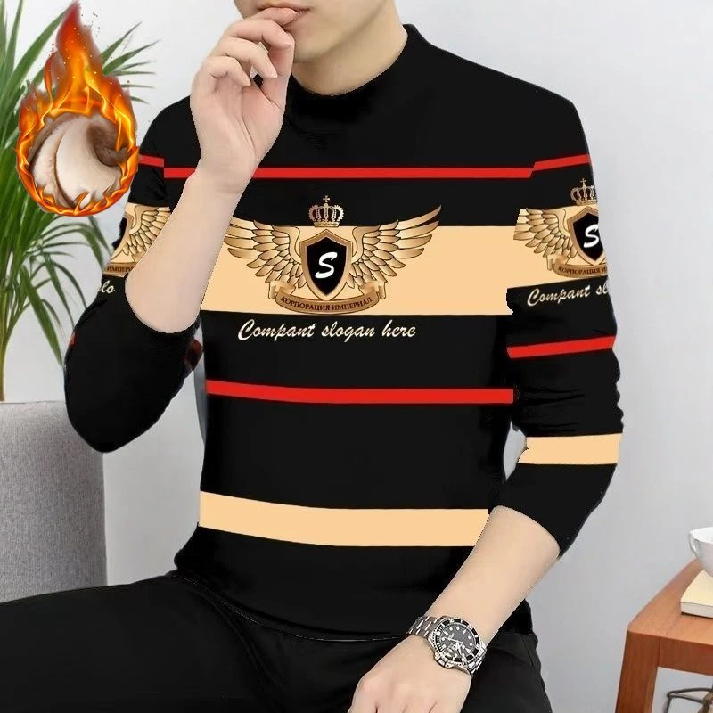 2025长袖潮流新款男士印花百搭上衣德绒秋冬男士秋衣保暖潮流男装