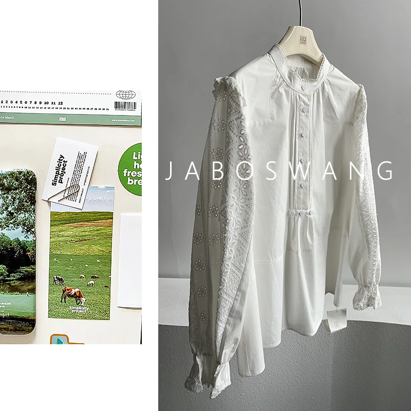 S915三扣拼接衬衫早春新款衬衣百搭白色小立领纯棉衬衫纯棉