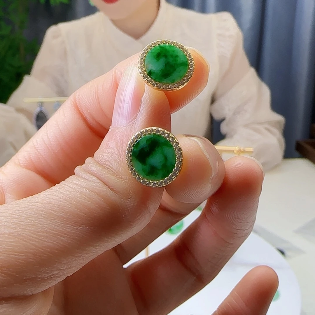 翡翠耳饰银S925镶嵌天然缅甸