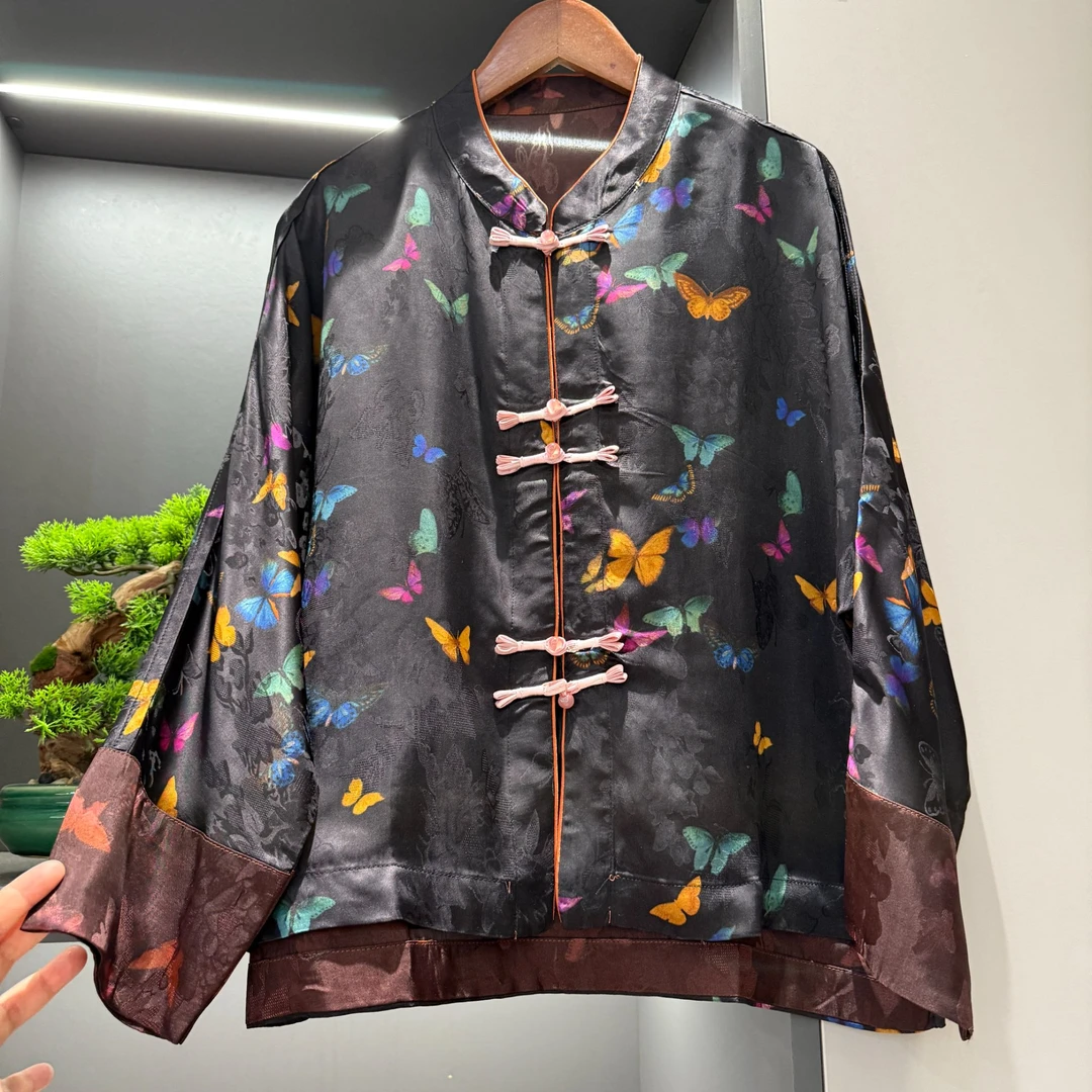 中式开衫复古盘扣传统改良蝴蝶花色春季女装宽松上衣1895