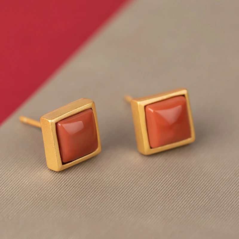 玛瑙小方糖耳钉女925银耳环红色古风气质耳饰本命年母亲节礼物