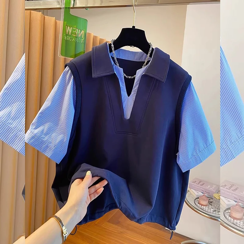韩系减龄假两件拼接条纹Polo领T恤上衣女装夏季新款大码宽松小衫