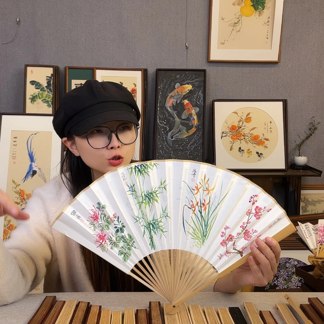 国画95寸玉竹-纯手绘-文玩扇骨（默认粘好）梅兰竹菊