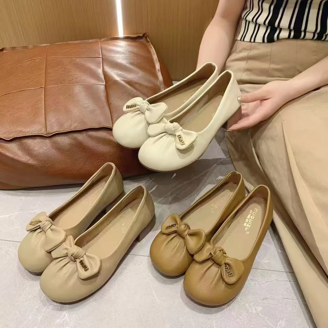 Baigeshi/佰格狮中跟蝴蝶结奶奶鞋女舒适软底圆头百搭玛丽珍鞋