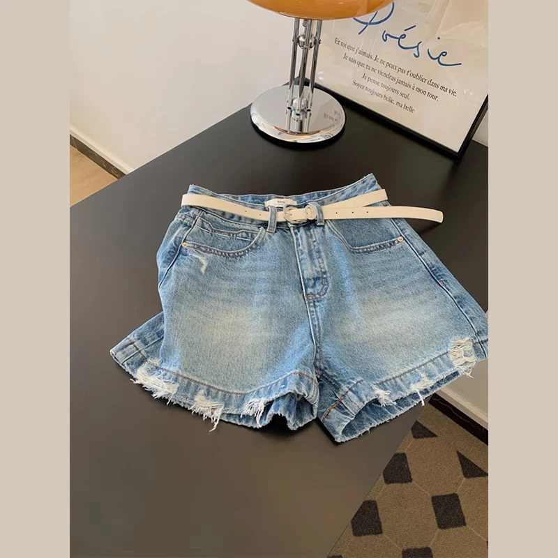 蓝色磨破牛仔短裤女夏季新款大码胖mm高腰显高显瘦百搭a字阔腿裤