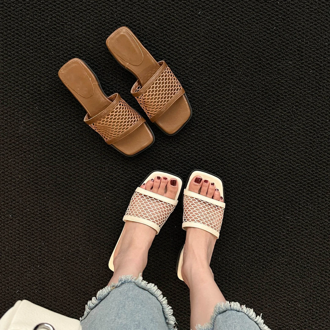 2025新款网纱镂空网面一字拖休闲外穿女夏平底方头凉拖鞋夏季凉鞋