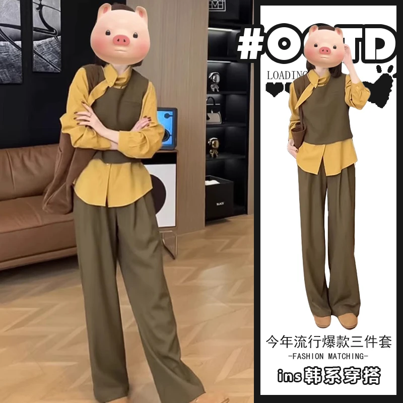 2025年秋季新款法式复古圆领马甲polo领衬衫搭配宽松阔腿裤套装女