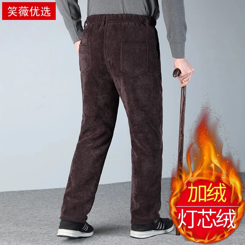 老人加绒裤子男冬季爸爸灯芯绒松紧腰条绒裤70岁爷爷加厚棉裤外穿