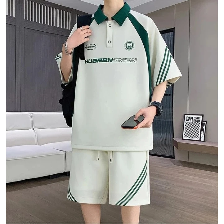 大码男装夏季痞帅青少年宽松休闲运动套装学生短裤短袖穿搭一整套